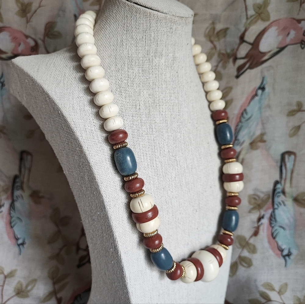 Blue Cream Brick Lucite Acrylic Beaded Vintage Necklace Fall Colors - Picture 2 of 5
